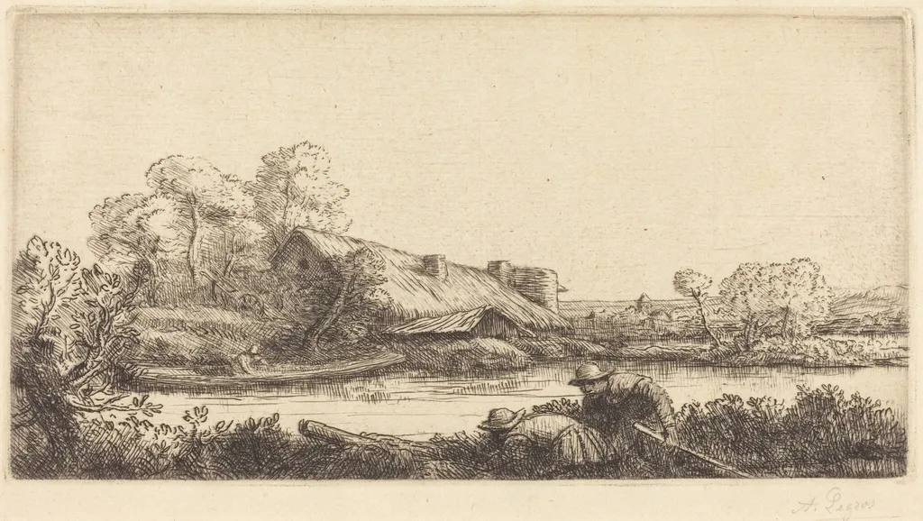 Farm along the River seen by Evening Light (La ferme sur la riviere: Effet du soir), by Alphonse Legros, ink, 1874