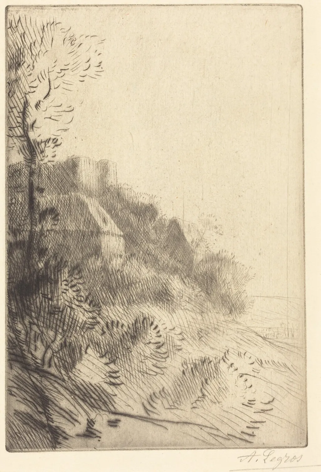 Farm on a Hillside in Sunlight (La ferme du coteau; Effet de soleil sur le coteau), by Alphonse Legros, ink, 1874