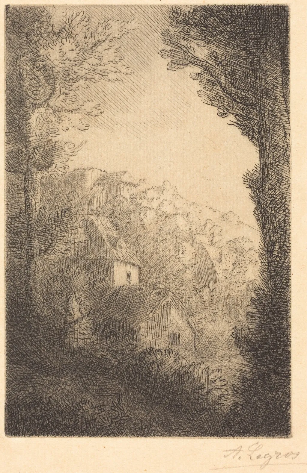 Farm on a Hillside in Sunlight (La ferme du coteau; Effet de soleil sur le coteau), by Alphonse Legros, ink, 1874