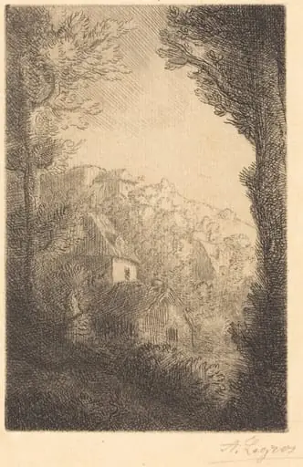 Farm on a Hillside in Sunlight (La ferme du coteau; Effet de soleil sur le coteau), by Alphonse Legros