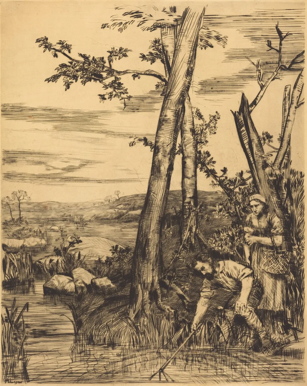 Fishing for Crayfish (Les pecheurs d'ecrevisses), by Alphonse Legros, ink, 1874