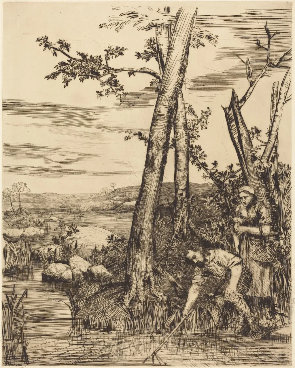 Fishing for Crayfish (Les pecheurs d'ecrevisses), by Alphonse Legros, ink, 1874