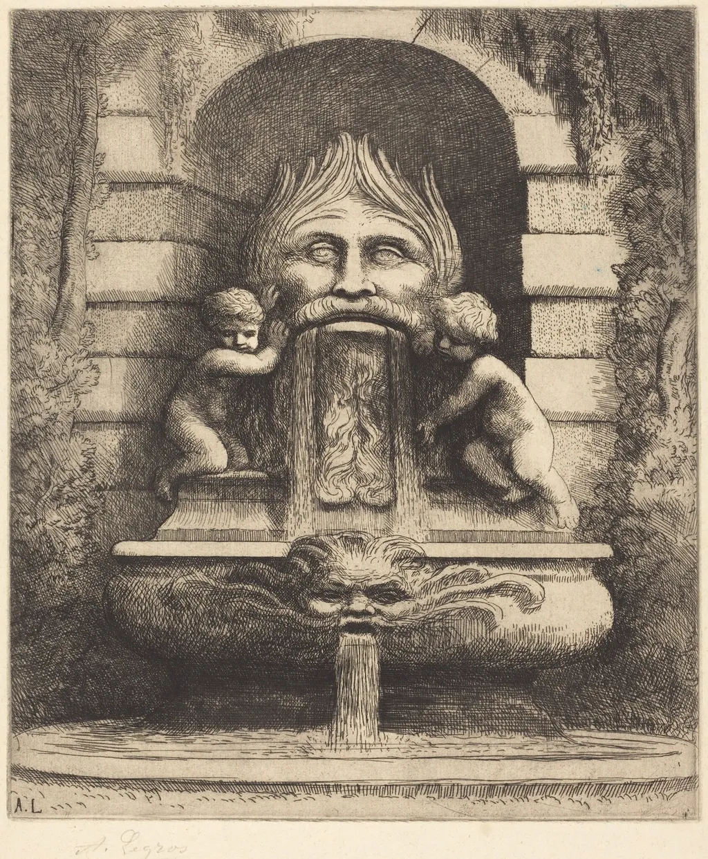 Fountain: Grotesque, Children and Basin (Une fountaine: Masque, enfants et bassin), by Alphonse Legros, ink, 1874