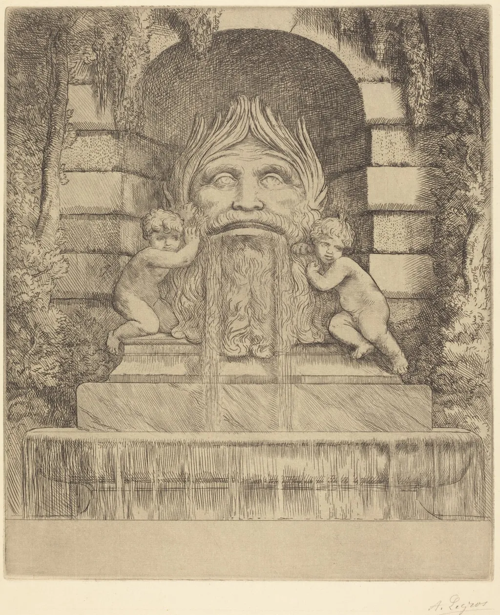 Fountain: Grotesque, Children and Basin (Une fountaine: Masque, enfants et bassin), by Alphonse Legros, ink, 1874