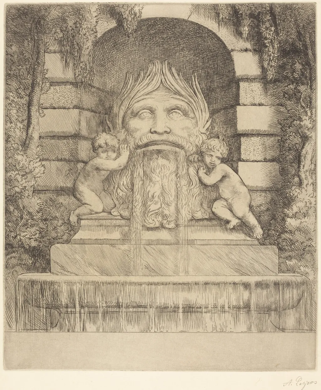 Fountain: Grotesque, Children and Basin (Une fountaine: Masque, enfants et bassin), by Alphonse Legros, ink, 1874