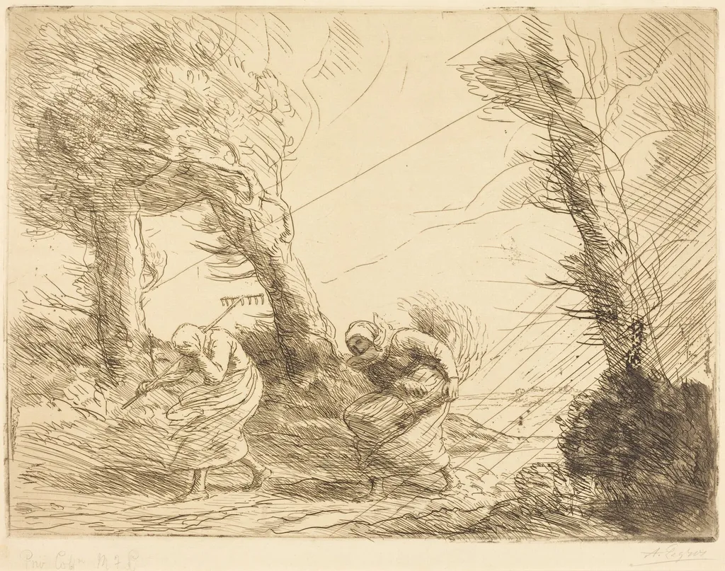 Harvesters Surprised by the Storm (Moissonneuses surprises par l'orage), by Alphonse Legros, ink, 1874