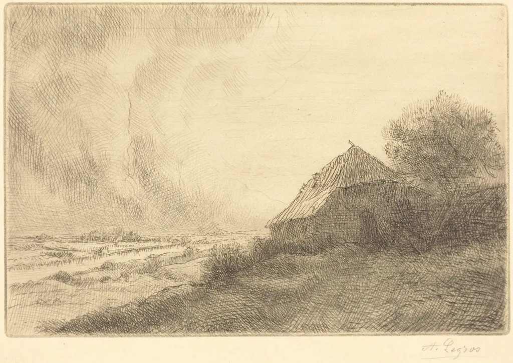 Hovel on a Hillside (Masure sur la colline), by Alphonse Legros, ink, 1874