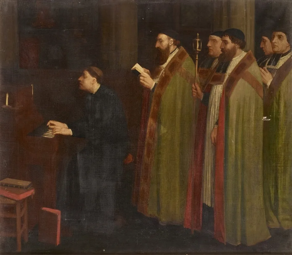Interior with an Organist and a Procession, by Alphonse Legros, unspecified, 1865