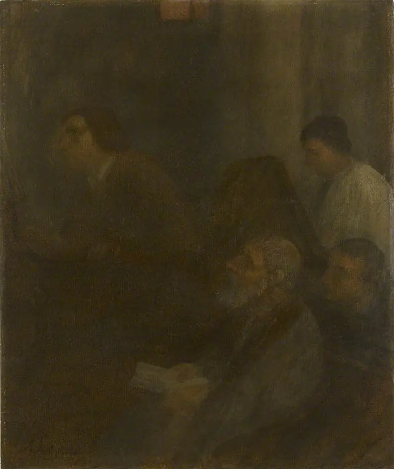 Interior with an Organist and three Figures, by Alphonse Legros