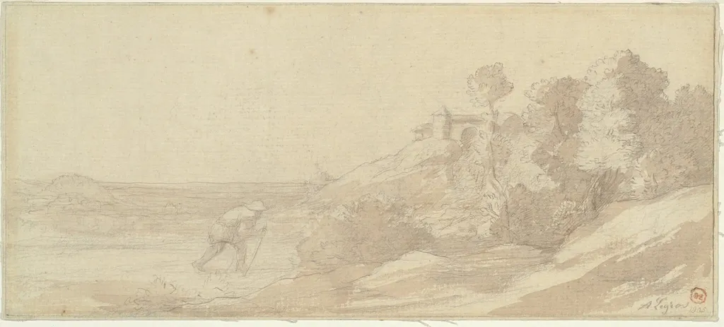 Landscape along a Riverbank with a Figure, by Alphonse Legros, ink, 1905