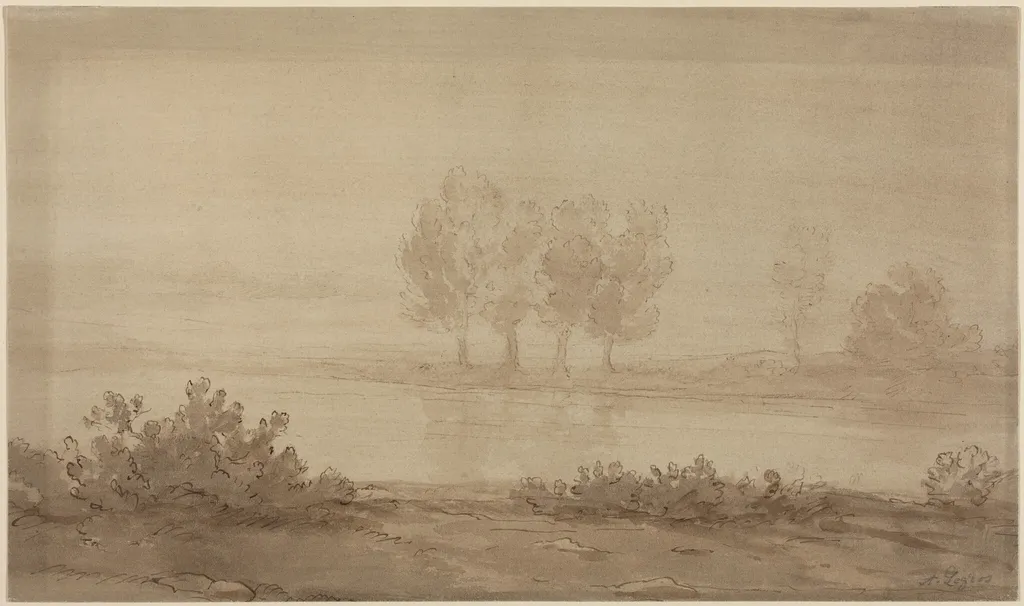 Landscape - Four Trees beyond a River, by Alphonse Legros, ink, 1874