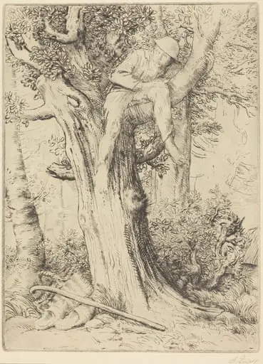 Landscape with a Boy in a Tree (Paysage avec un garcon gimpe sur un arbre dite "Le denicher d'oiseaux), by Alphonse Legros