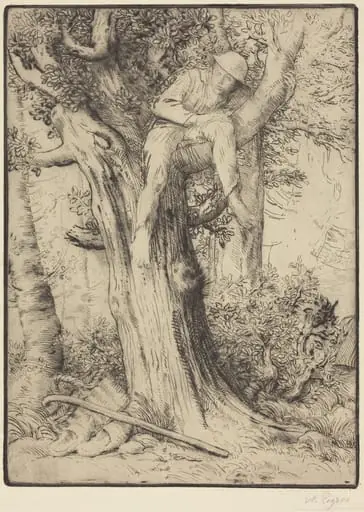 Landscape with a Boy in a Tree (Paysage avec un garcon grimpe sur un arbre, dite "Le denicheur d'oiseaux"), by Alphonse Legros