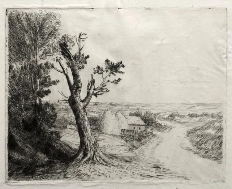 Landscape with Strawstacks, by Alphonse Legros, 1884