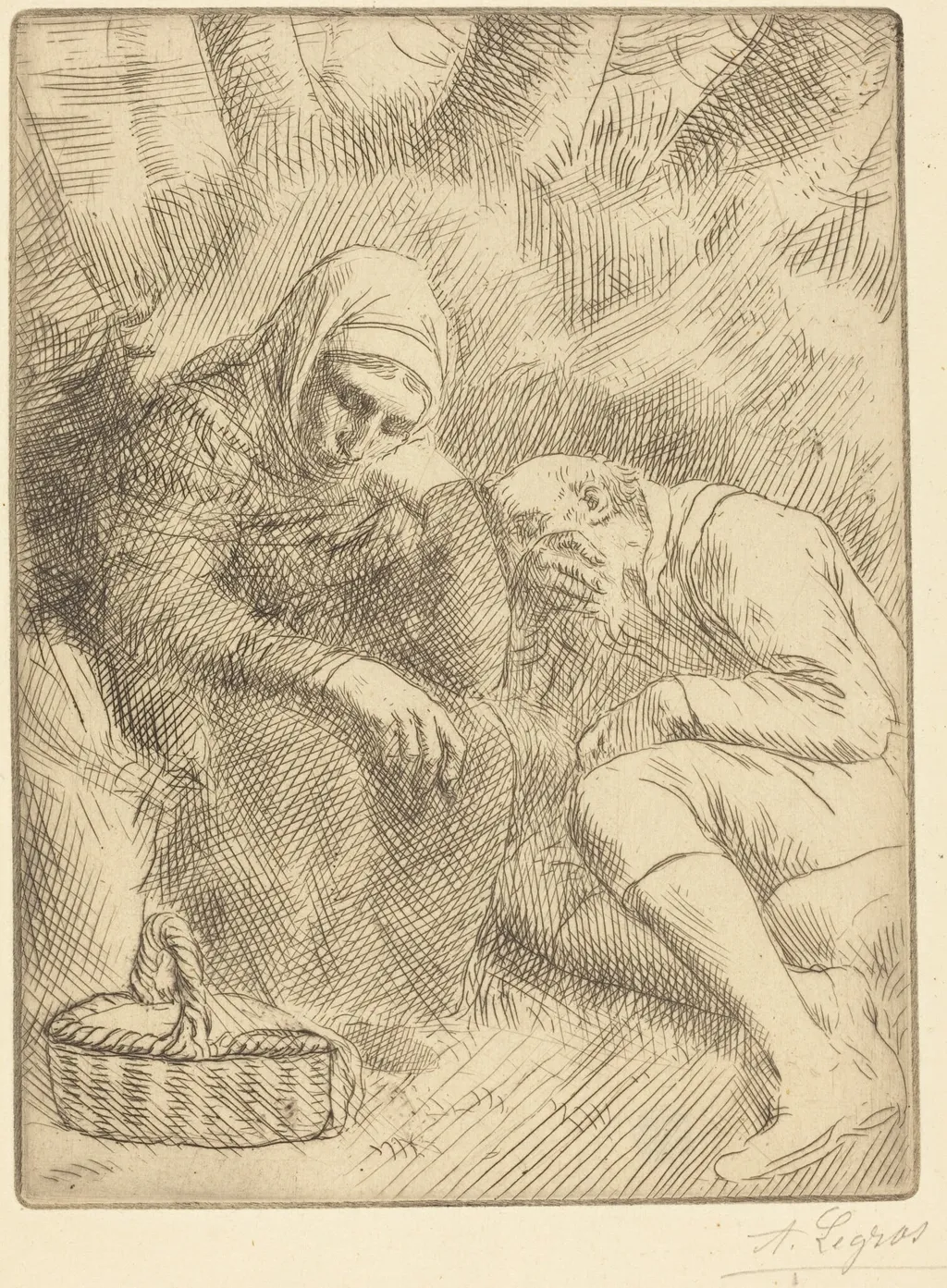 Man and Wife Seated by the Road with a Basket(Homme et femme assis au bord de la rou te aven un panier), by Alphonse Legros, ink, 1874