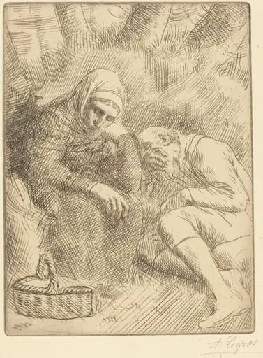 Man and Wife Seated by the Road with a Basket(Homme et femme assis au bord de la rou te aven un panier), by Alphonse Legros