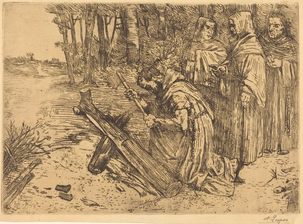 Monks Chopping Wood (Les moines bucherons), by Alphonse Legros, ink, 1874