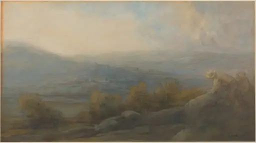 Mountain Landscape with two Figures at the Right, by Alphonse Legros