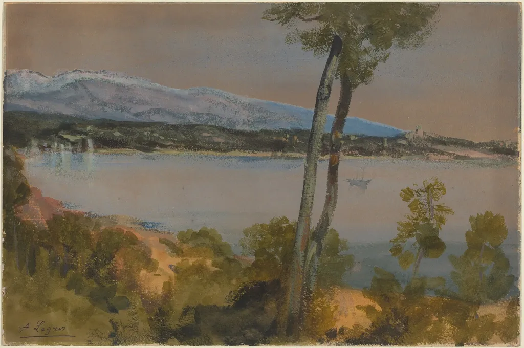 Mountains Seen beyond a Lake, by Alphonse Legros, gouache, 1874