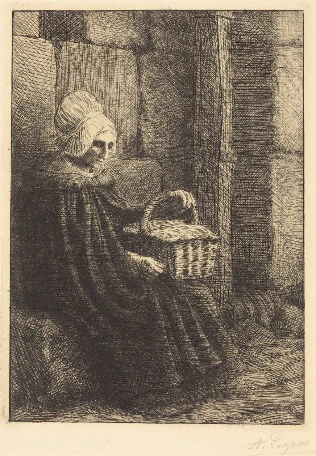 Peasant Woman of Boulogne (Paysanne des environs de Boulogne dite La femme au panier), by Alphonse Legros, ink, 1874