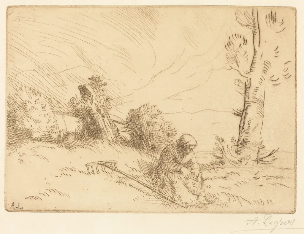 Peasant Woman Seated near a Hedge (Paysanne assise pres d'une haie), by Alphonse Legros, ink, 1874