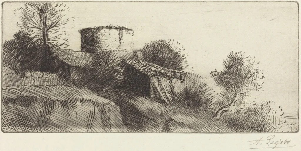 Pigeon Tower (La tour aux pigeons), by Alphonse Legros, ink, 1874