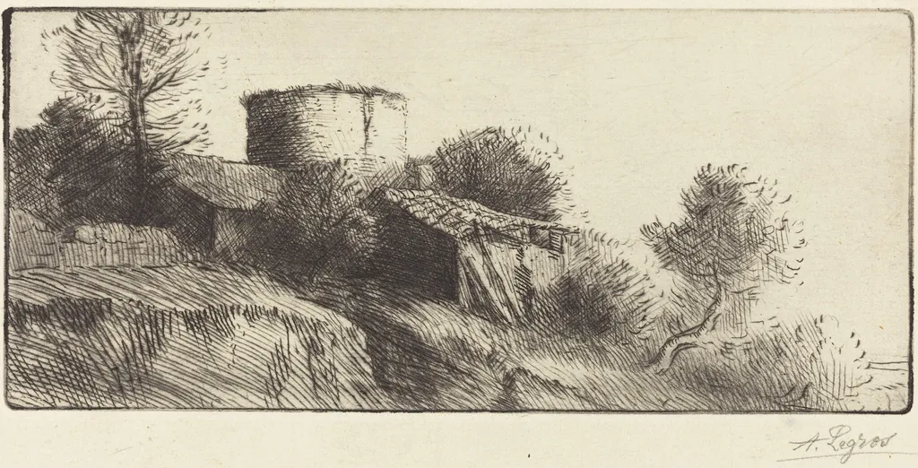 Pigeon Tower (La tour aux pigeons), by Alphonse Legros, ink, 1874