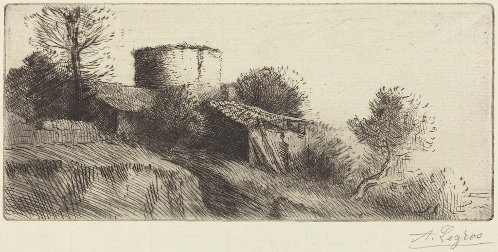 Pigeon Tower (La tour aux pigeons), by Alphonse Legros, ink, 1874