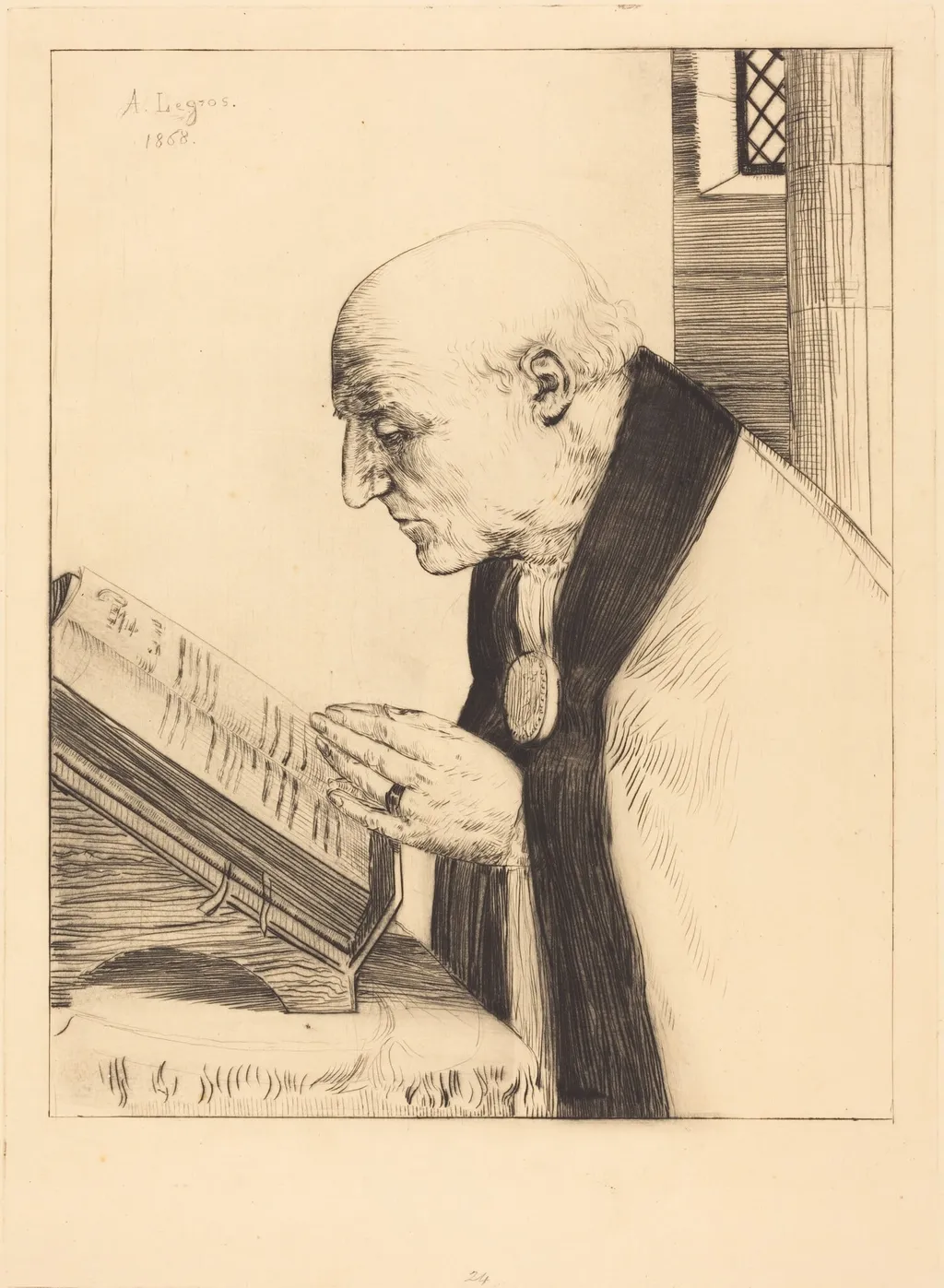 Reading of the Office of the Day (La lecture de l'office), by Alphonse Legros, ink, 1868