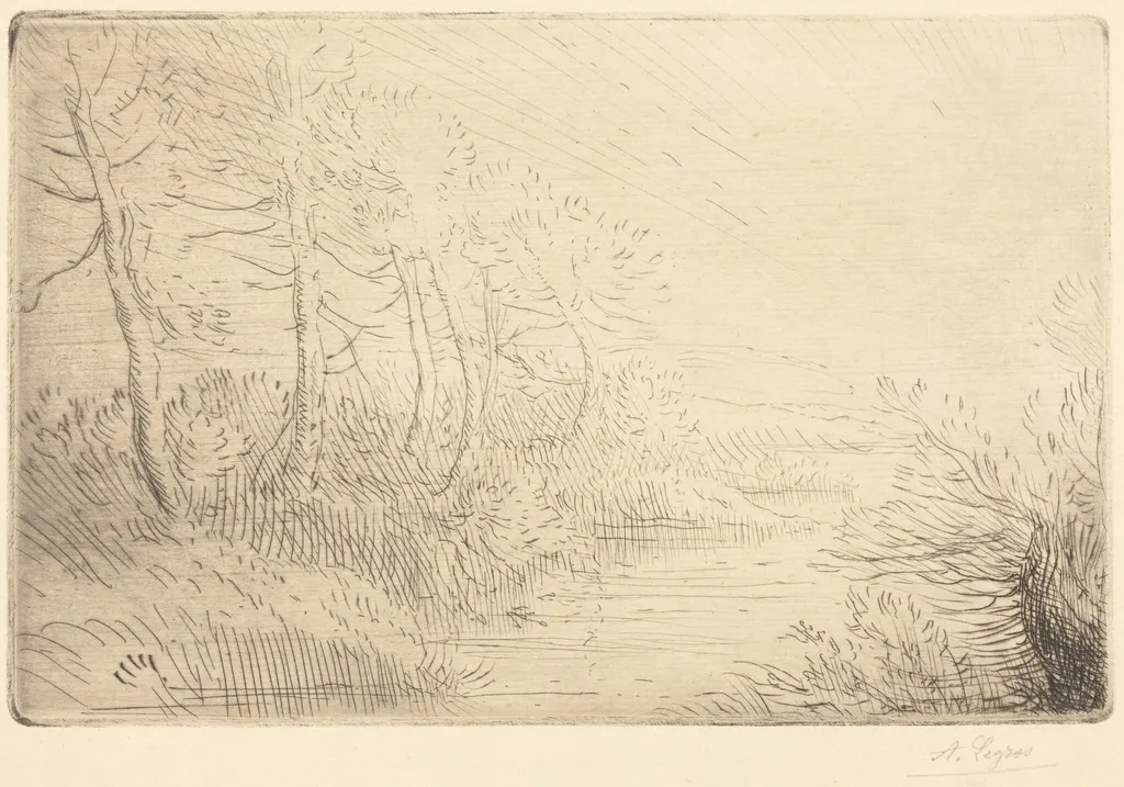 Riverbank (Bord de la riviere), by Alphonse Legros, ink, 1874
