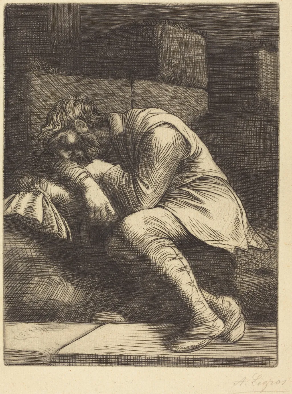 Sleeping Beggar (Mendiant endormi), by Alphonse Legros, ink, 1874