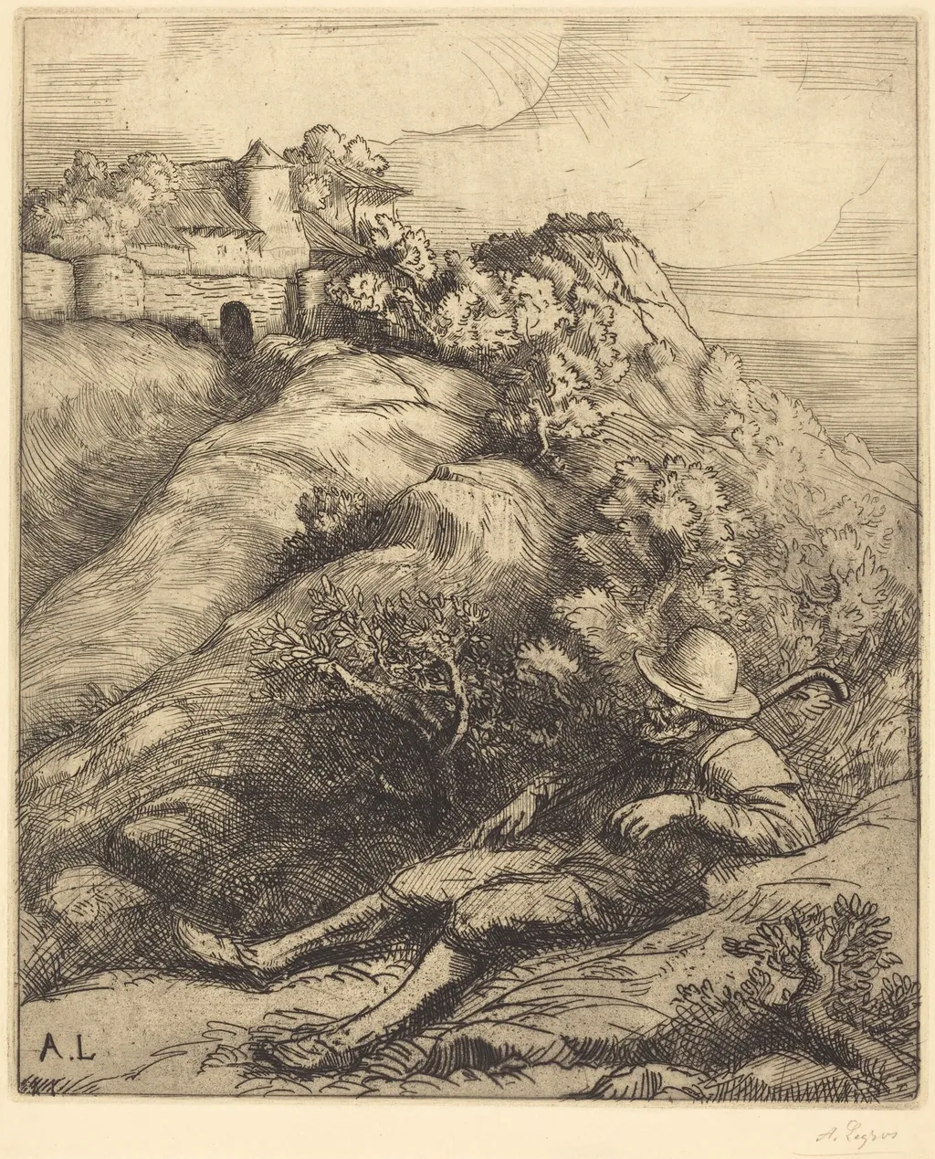 Sleeping Shepherd (Le repos du berger), by Alphonse Legros, ink, 1874