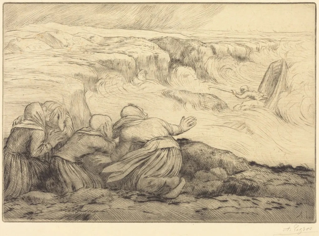 Small Boat in Peril (Barque en peril), by Alphonse Legros, ink, 1874