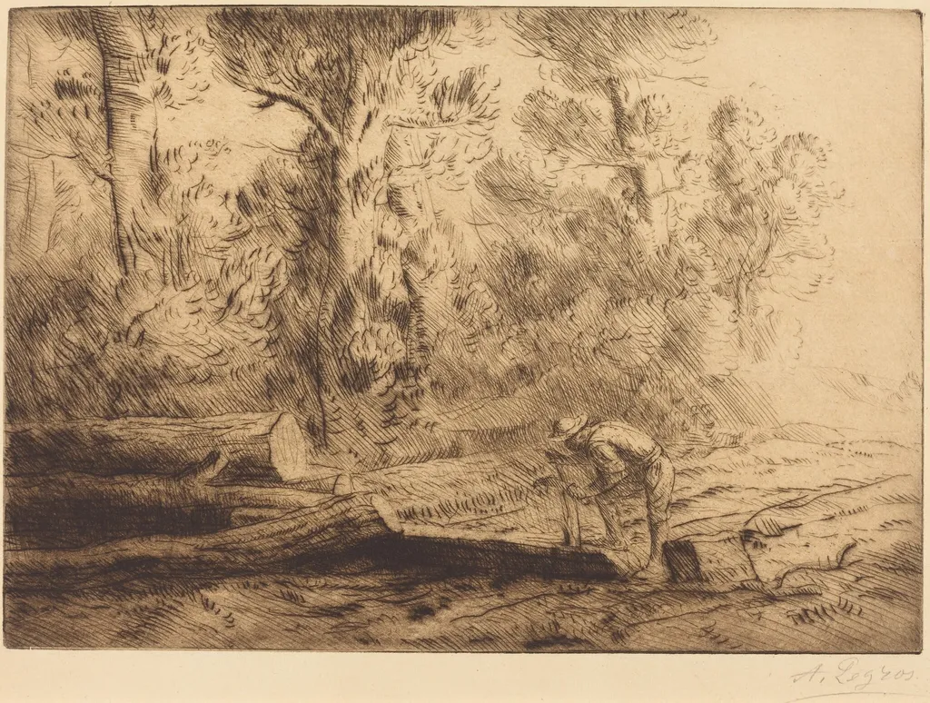 Squaring Logs (Homme que fend des buches), by Alphonse Legros, ink, 1874