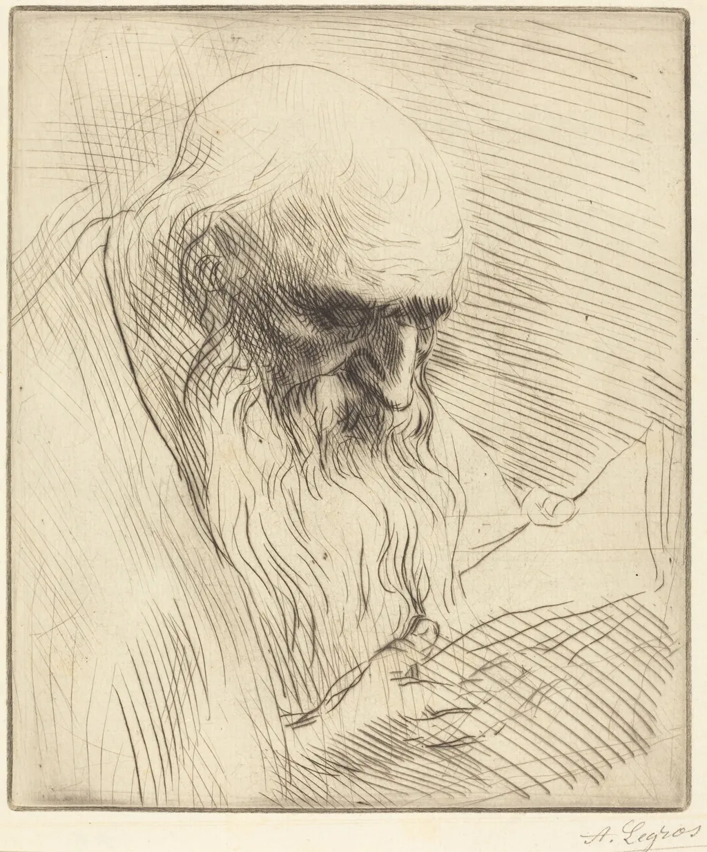 Study of the Head of a Man Reading (Etude de tete d'homme lisant), by Alphonse Legros, ink, 1874