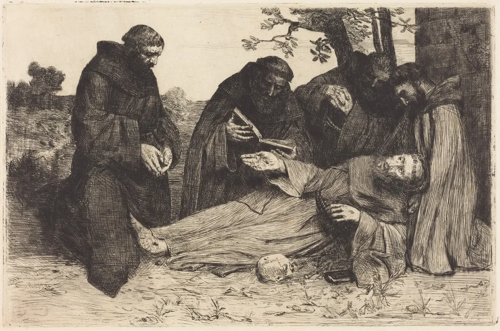 The Death of Saint Francis (La mort de St. Francois), by Alphonse Legros, ink, 1874