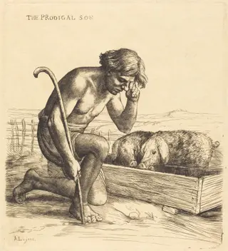 The Prodigal Son, 1st plate (L'enfant prodigue), by Alphonse Legros, 1874