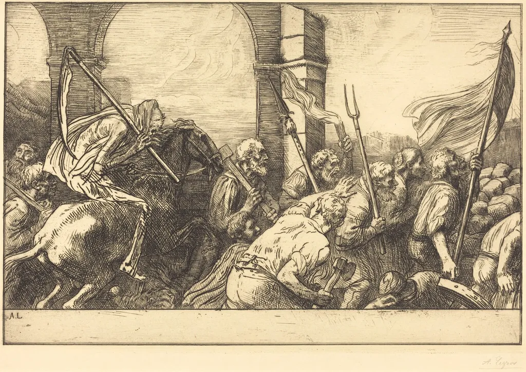 The Triumph of Death: Departure (Le triomphe de la mort: Le depart), by Alphonse Legros, ink, 1874