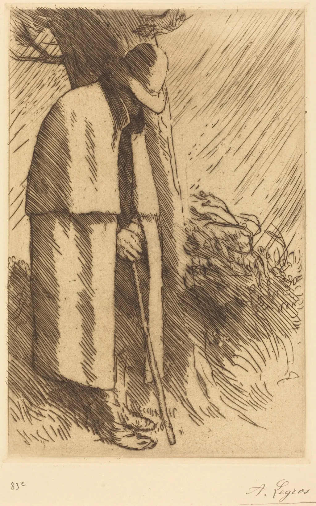 Traveler taking Shelter (Le voyageur a l'abri), by Alphonse Legros, ink, 1874