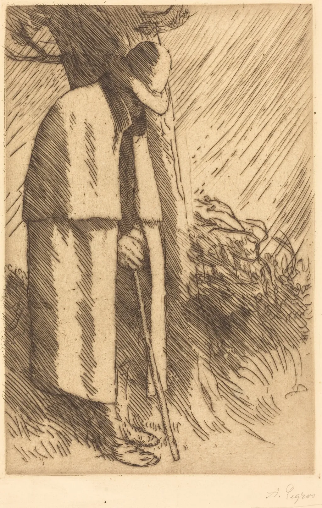Traveler taking Shelter (Le voyageur a l'abri), by Alphonse Legros, ink, 1874