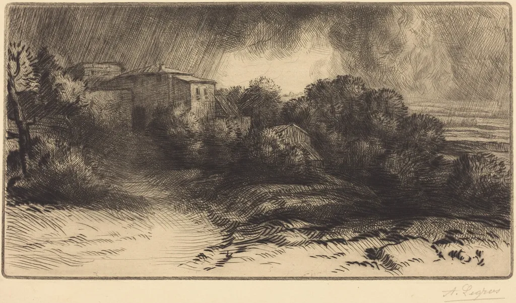 View of a Farm Seen in a Storm (La ferme de Brieux (Effet d'orage)), by Alphonse Legros, ink, 1874