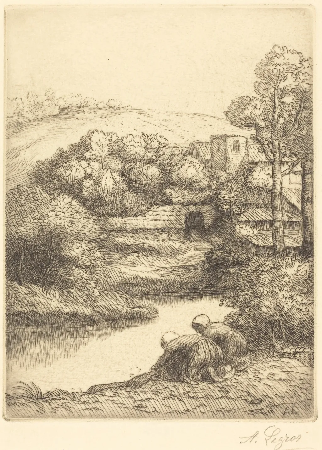 Wash-house, called "The Washerwomen" (Le lavoir, dite "Les Laveuses"), by Alphonse Legros, ink, 1874