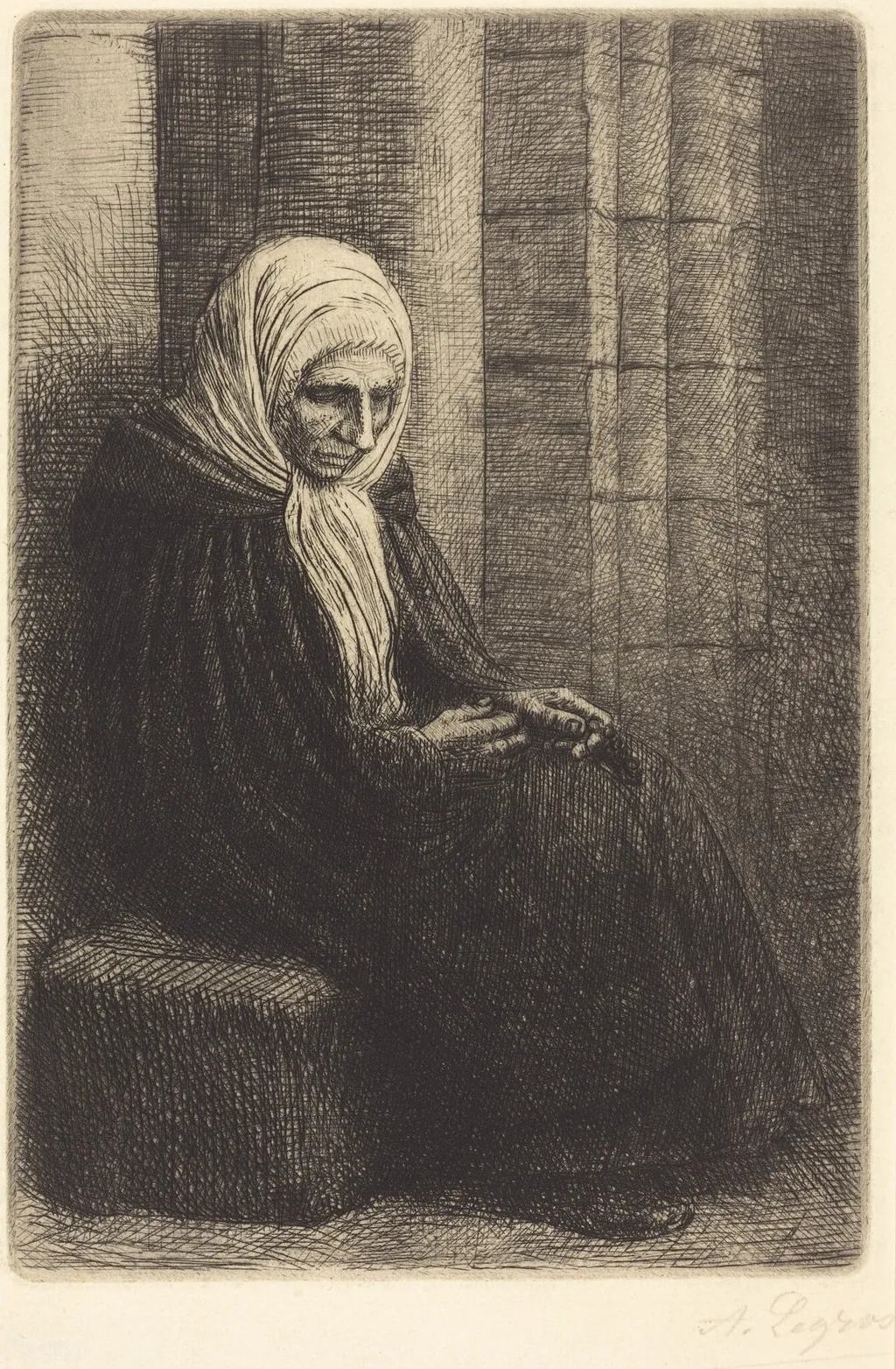 Woman Seated against a Wall, Child with His Head in Her Lap (Femme assis, muraille au fond, enfant la tete dans son giron), by Alphonse Legros, ink, 1874