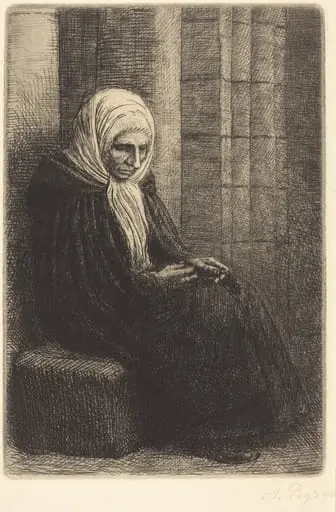 Woman Seated against a Wall, Child with His Head in Her Lap (Femme assis, muraille au fond, enfant la tete dans son giron), by Alphonse Legros