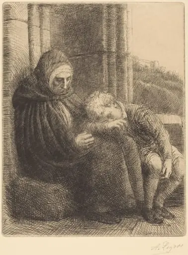 Woman Seated against a Wall, Child with His Head in Her Lap (Femme assise, muraille au fond, enfant la tete dans son giron, by Alphonse Legros