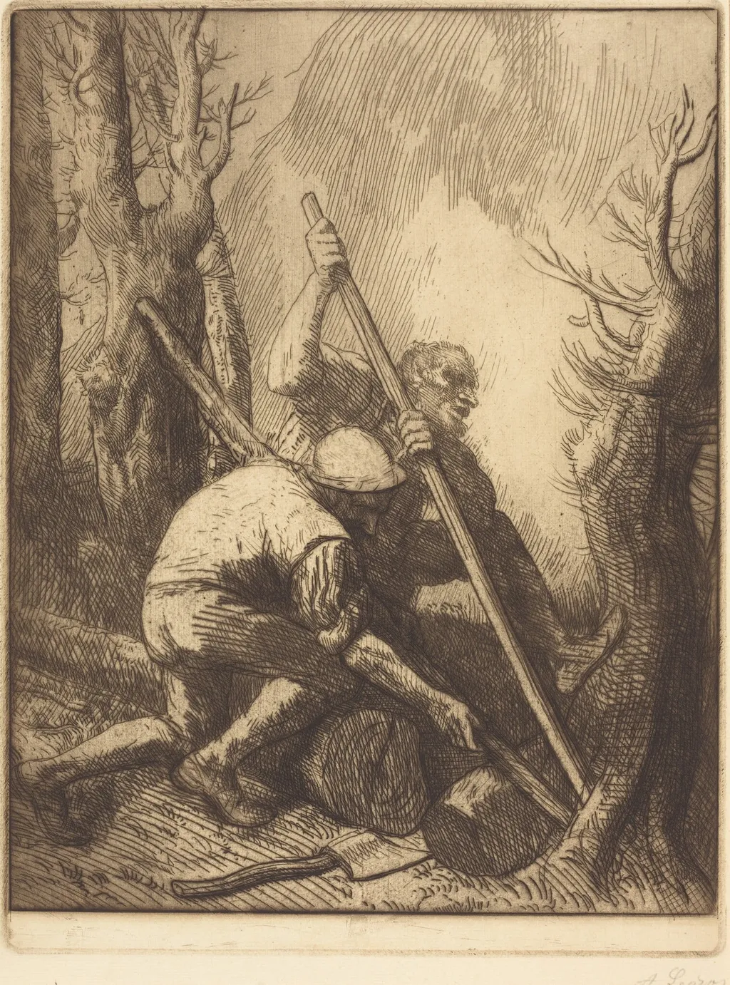 Woodcutters, 3rd plate (Les bucherons), by Alphonse Legros, ink, 1874