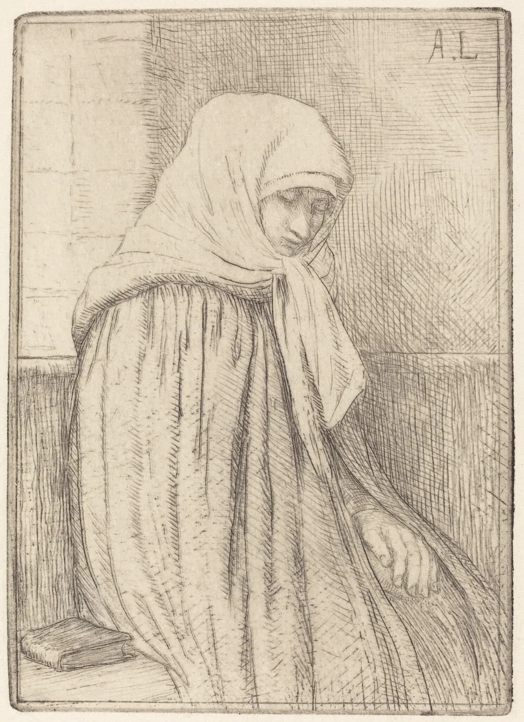 Young Peasant Seated in a Church (Jeune paysanne assise dans une eglise), by Alphonse Legros, ink, 1874
