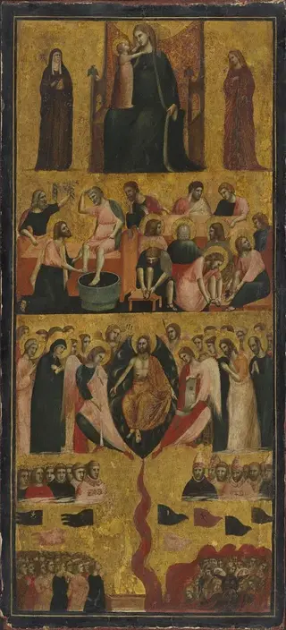 Altarflügel: Thronende Madonna mit zwei Heiligen, Fußwaschung Christi, Jüngstes Gericht, by Unknown