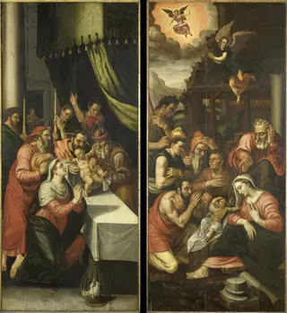 Altarpiece Wing with the Adoration of the Shepherds. On the outside are Six Kneeling Noblemen in Armor