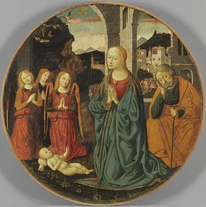 De aanbidding van het Christuskind, by Alunno di Benozzo